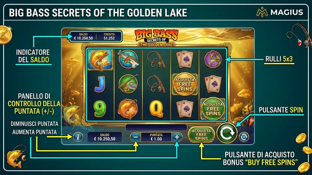 big bass secrets of the golden lake game interface